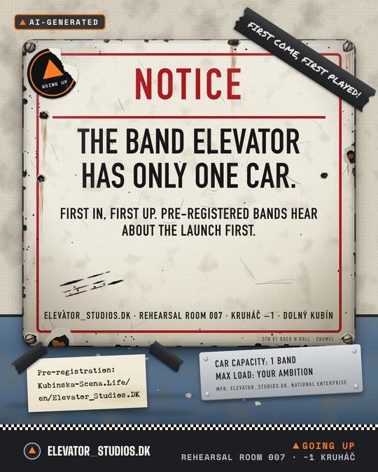 Official notice: the band elevator has only one car. Elevator_Studios.DK visual, AI-generated.