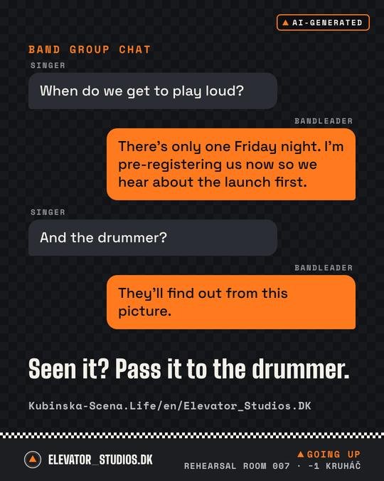 Seen it? Pass it to the drummer. Elevator_Studios.DK visual, AI-generated.
