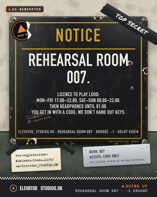 Official notice: Rehearsal room 007. Elevator_Studios.DK visual, AI-generated.