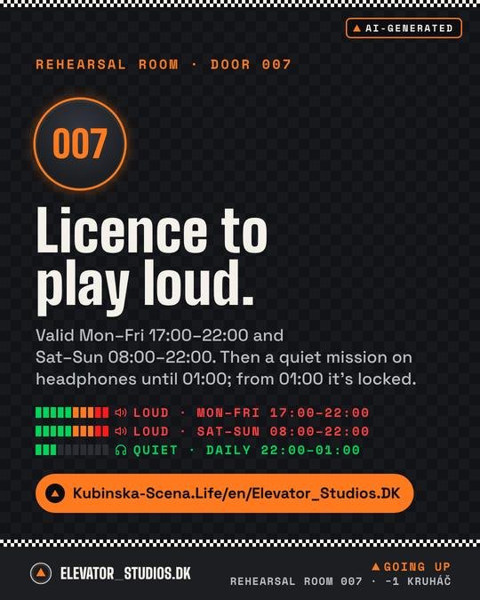 Licence to play loud. Elevator_Studios.DK visual, AI-generated.