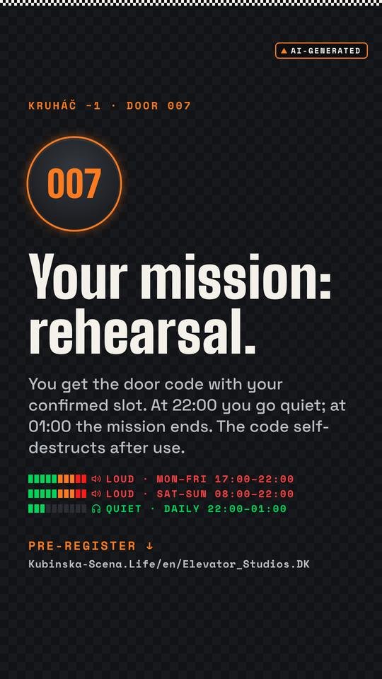 Your mission: rehearsal. (story). Elevator_Studios.DK visual, AI-generated.