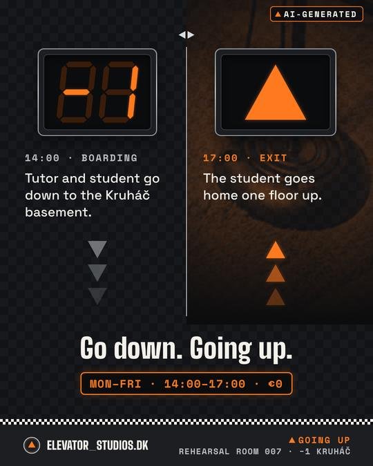 Go down. Going up. Elevator_Studios.DK visual, AI-generated.