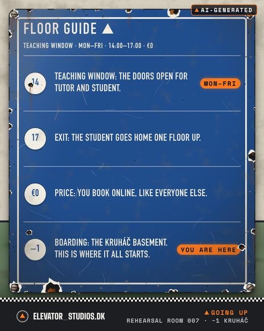 Floor guide for tutors. Elevator_Studios.DK visual, AI-generated.