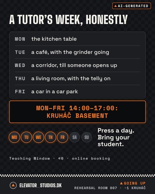 A tutor’s week, honestly. Elevator_Studios.DK visual, AI-generated.