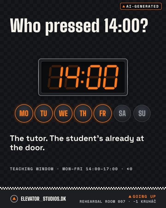 Who pressed 14:00? Elevator_Studios.DK visual, AI-generated.