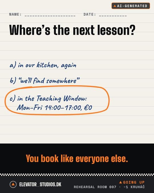 Where’s the next lesson? Elevator_Studios.DK visual, AI-generated.