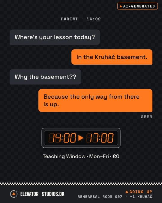 A text from a parent. Elevator_Studios.DK visual, AI-generated.
