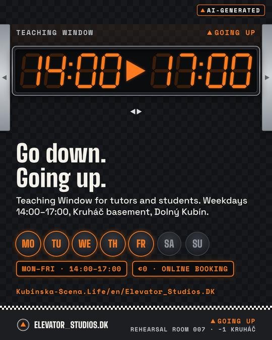 The doors open at 14:00. Elevator_Studios.DK visual, AI-generated.