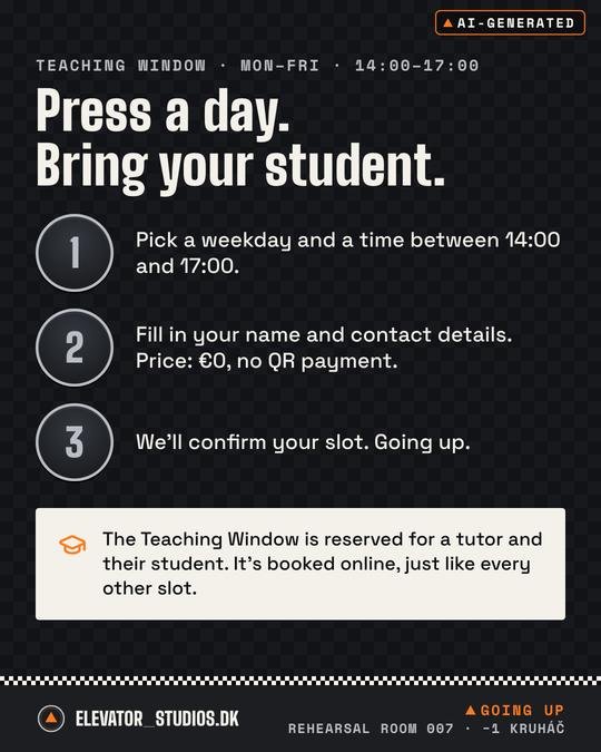 Press a day. Bring your student. Elevator_Studios.DK visual, AI-generated.