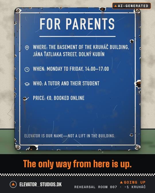 For parents. Elevator_Studios.DK visual, AI-generated.