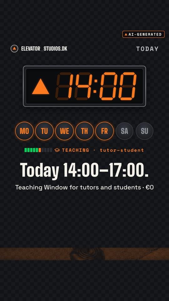 Today 14:00–17:00. Elevator_Studios.DK visual, AI-generated.