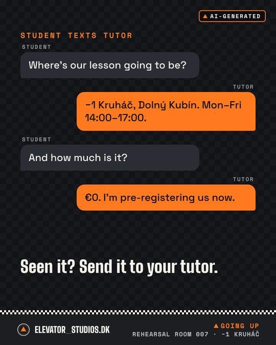 A student texts their tutor. Elevator_Studios.DK visual, AI-generated.