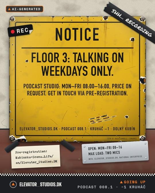 Official notice: floor 3 is for talking on weekdays only. Elevator_Studios.DK visual, AI-generated.