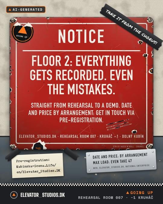 Official notice: on floor 2, everything gets recorded. Elevator_Studios.DK visual, AI-generated.