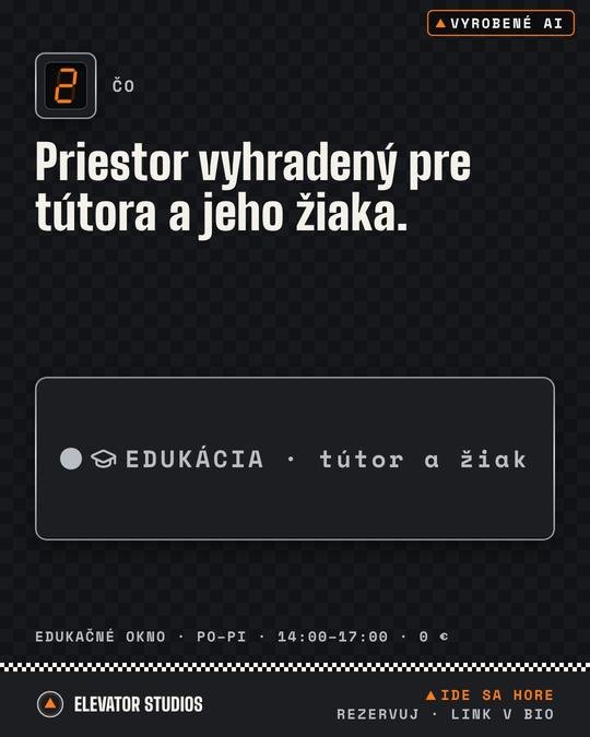 Edukačné okno v piatich slajdoch · 2/5. Vizuál Elevator Studios, vyrobené AI.