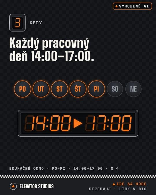 Edukačné okno v piatich slajdoch · 3/5. Vizuál Elevator Studios, vyrobené AI.