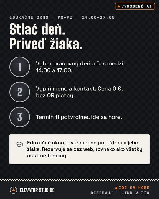 Stlač deň. Priveď žiaka. Vizuál Elevator Studios, vyrobené AI.