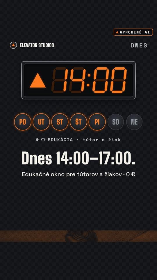 Dnes 14:00–17:00. Vizuál Elevator Studios, vyrobené AI.