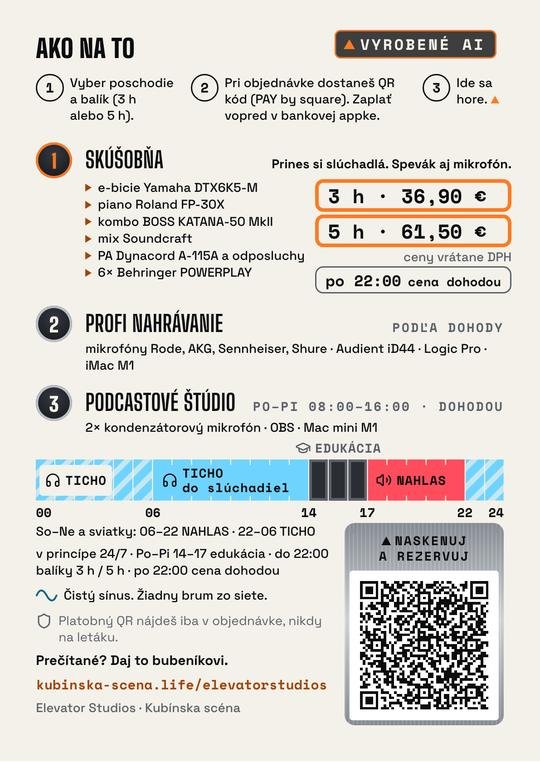 Leták A6 · zadná strana. Vizuál Elevator Studios, vyrobené AI.