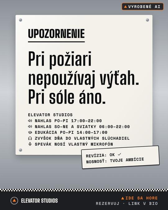 Pri požiari nepoužívaj výťah. Pri sóle áno. Vizuál Elevator Studios, vyrobené AI.
