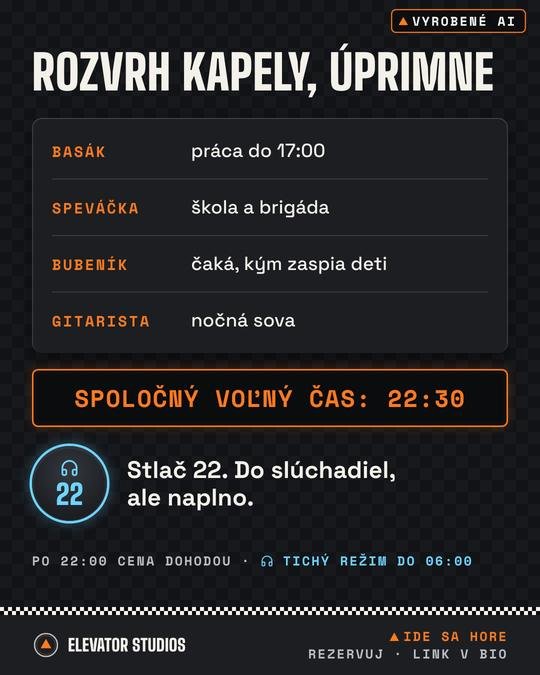 Rozvrh kapely, úprimne. Vizuál Elevator Studios, vyrobené AI.