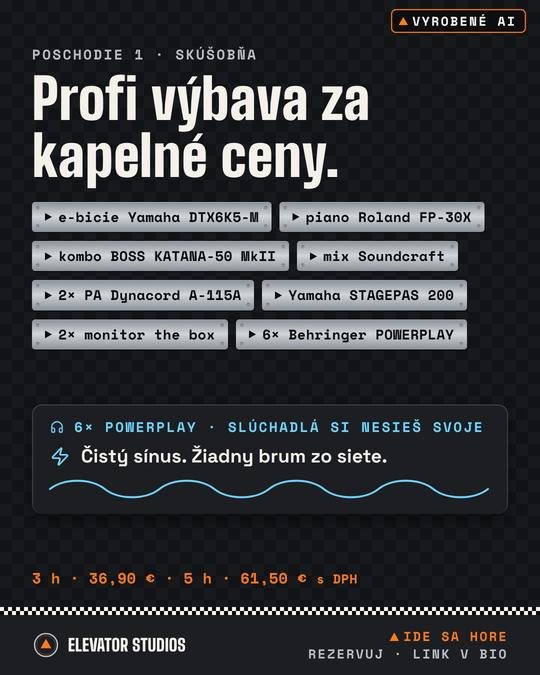 Profi výbava skúšobne. Vizuál Elevator Studios, vyrobené AI.